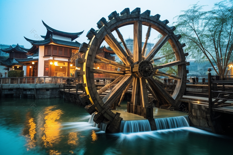 壮阔古建筑湖水中的水车镜头拍摄,高清,摄影图,摄影图片,图片大全,摄影图免费下载